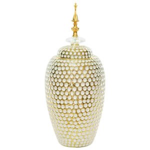GOLD & WHITE DOT JAR/LID 35CM