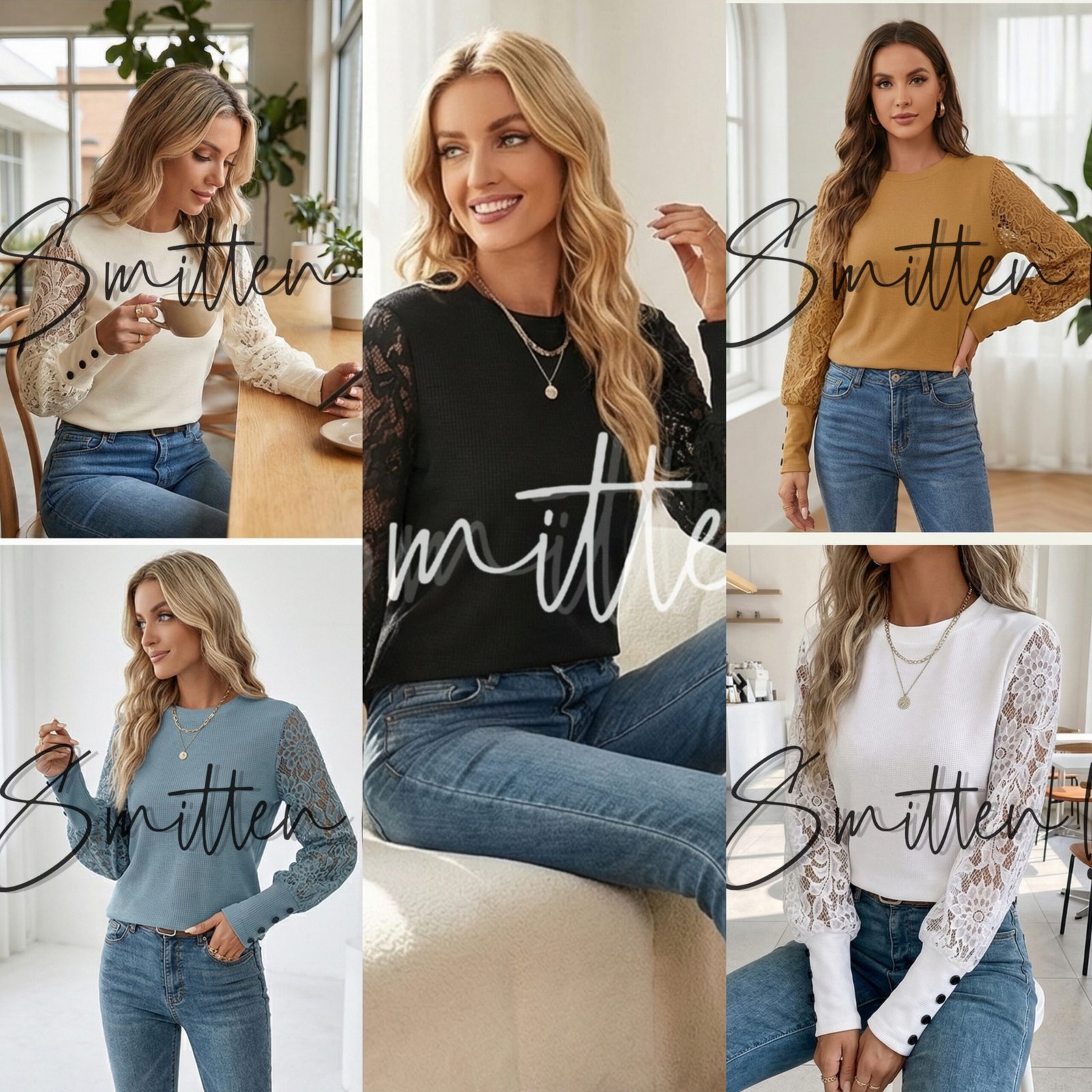 Waffle-knit top - Blue - Image 2