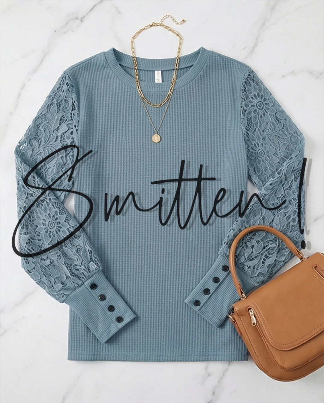 Waffle-knit top - Blue - Image 6