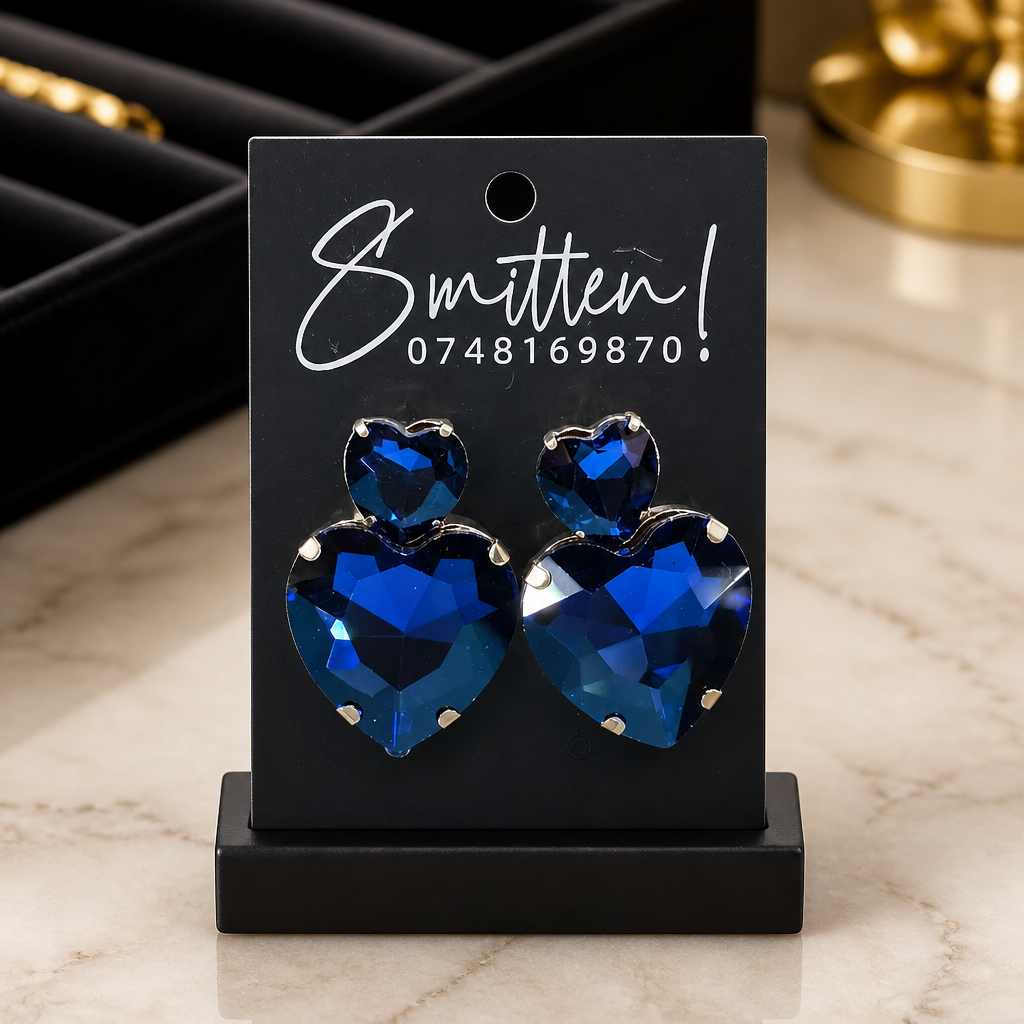 Vibrant Royal Blue Crystal Hearts Earrings