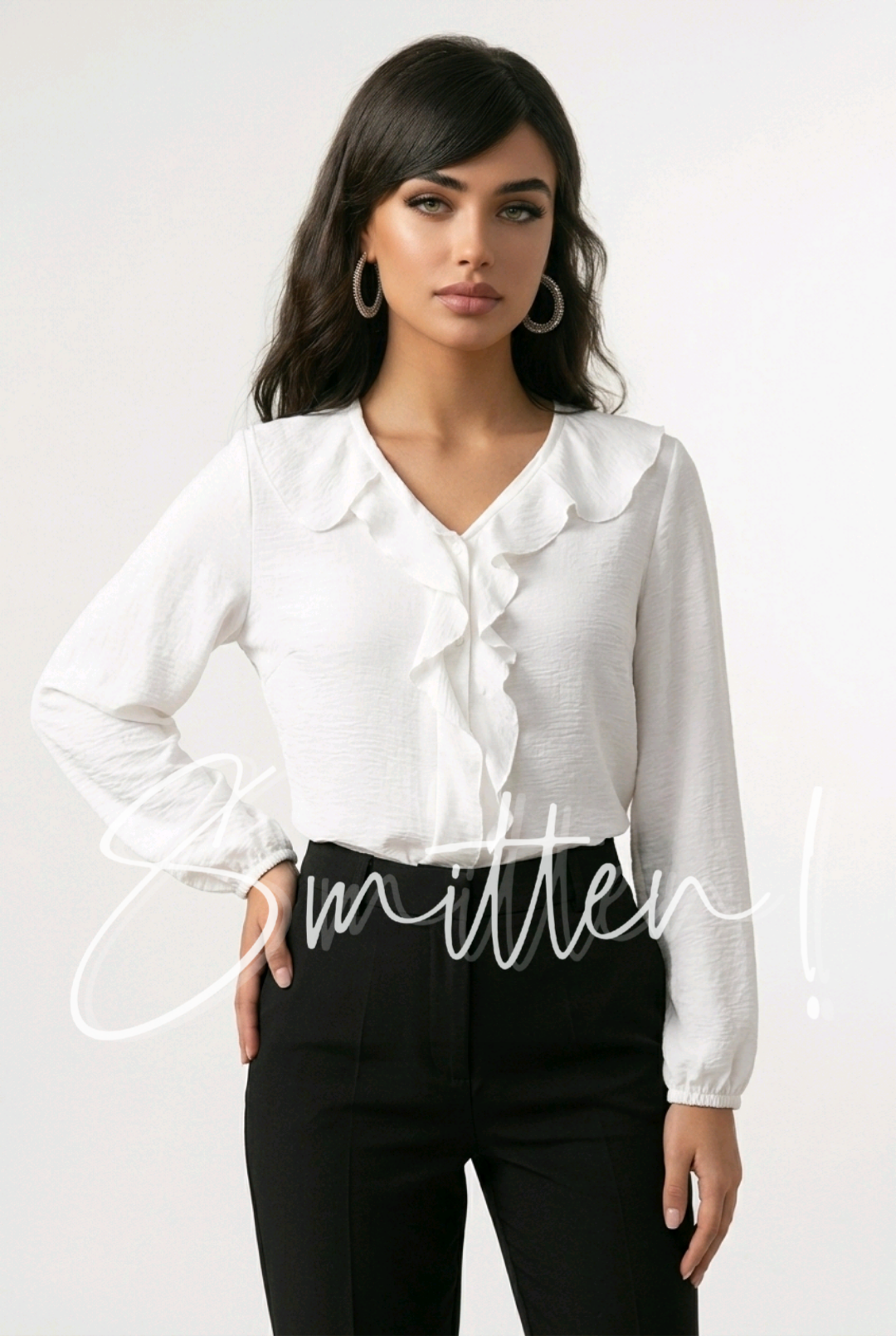 V-neck Blouse features a romantic Ruffle trim - White