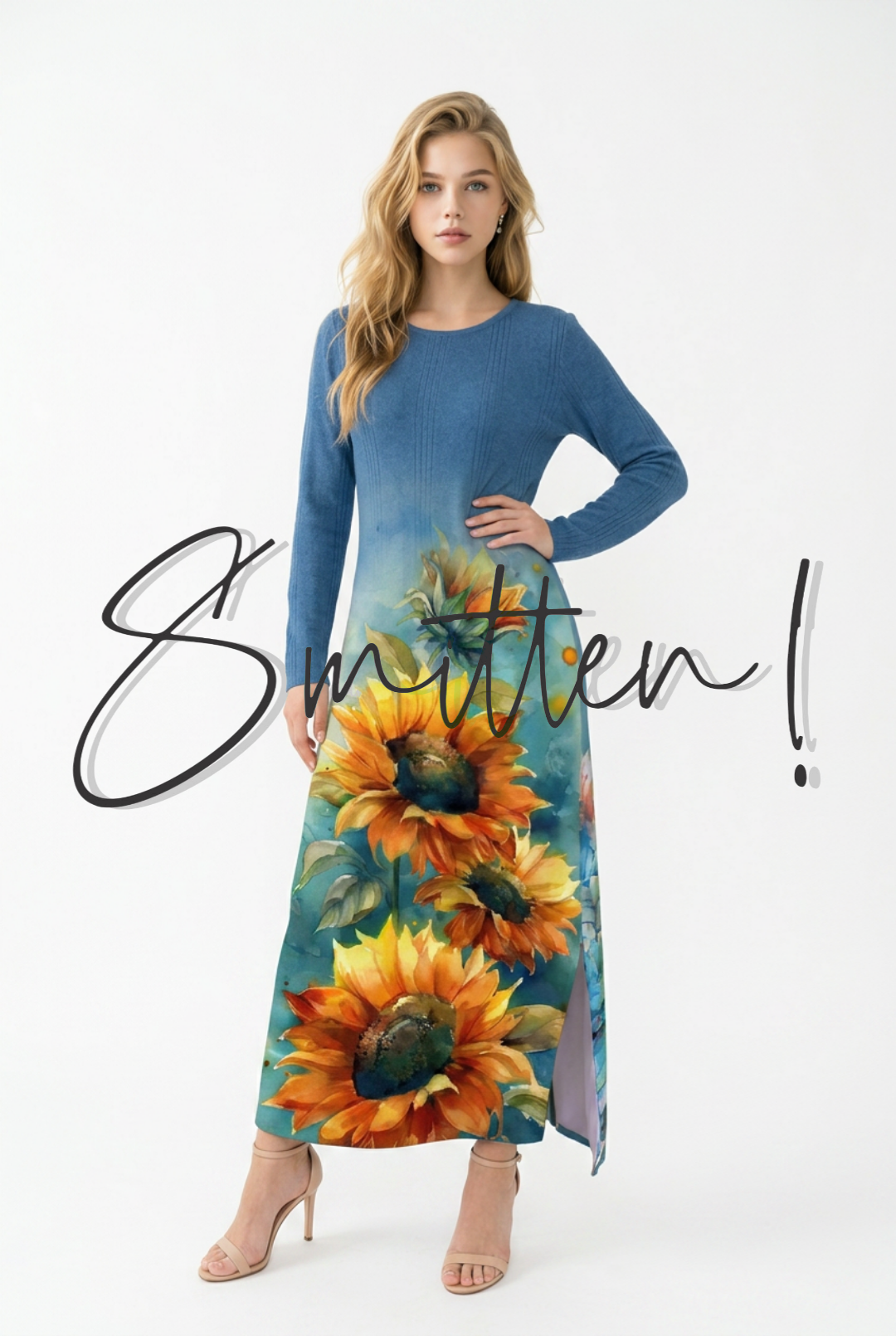 Long-sleeve Maxi dress - Sunflower print - Blue