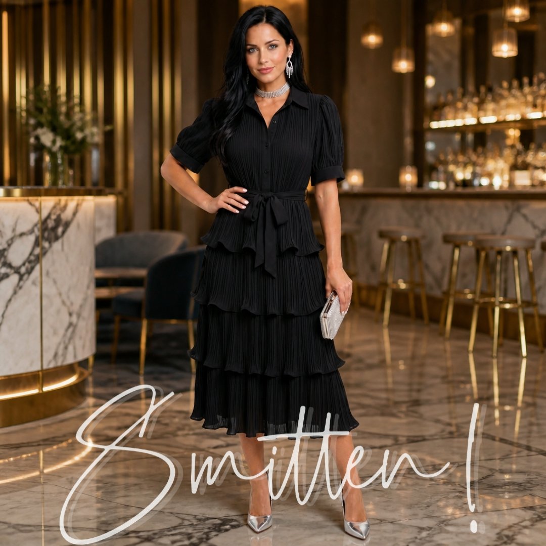 Black pleated tiered Chiffon dress