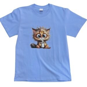 Fluffy Cat Clutching a Steaming Cup of Coffee - Blue