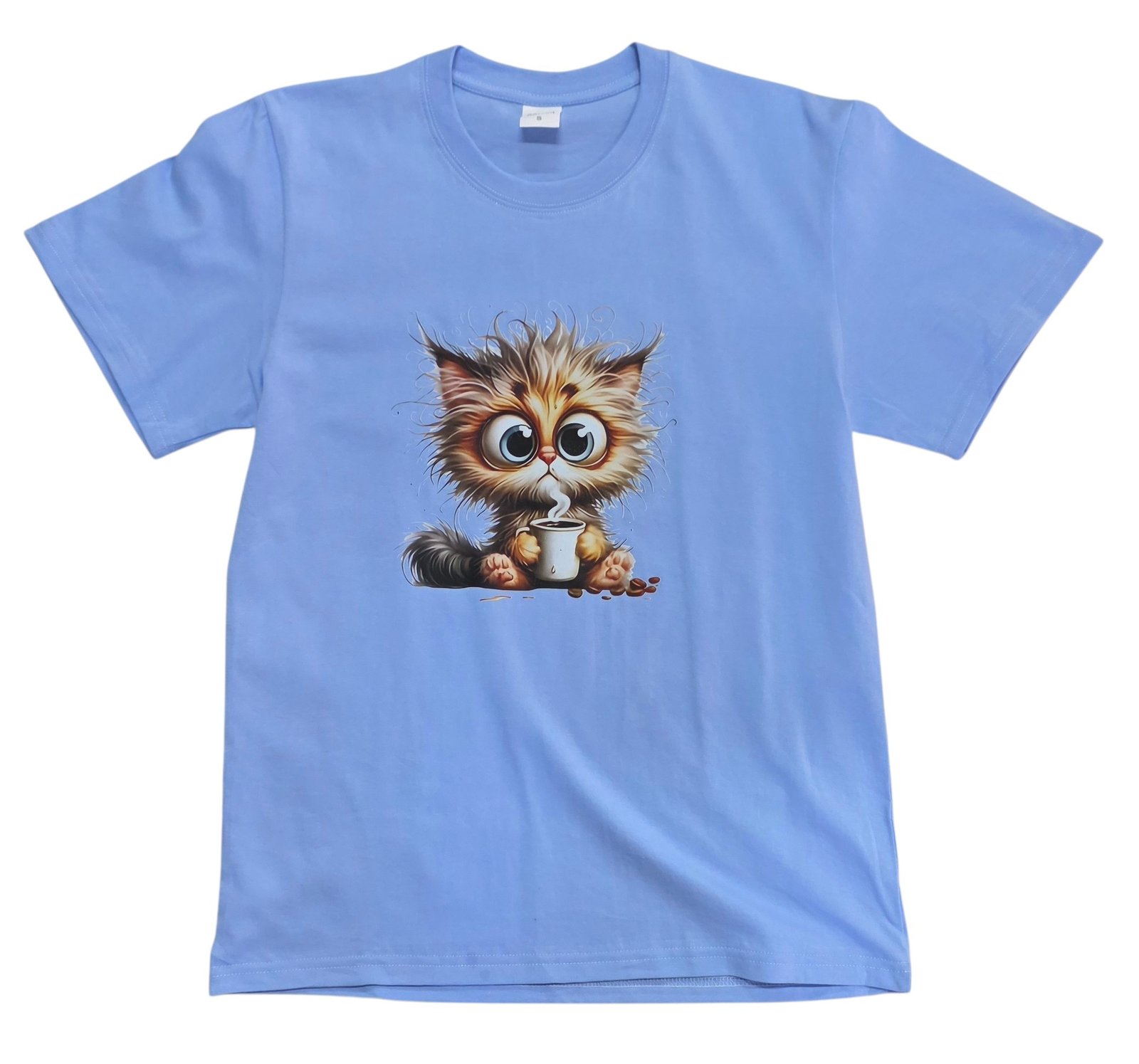 Fluffy Cat Clutching a Steaming Cup of Coffee - Blue