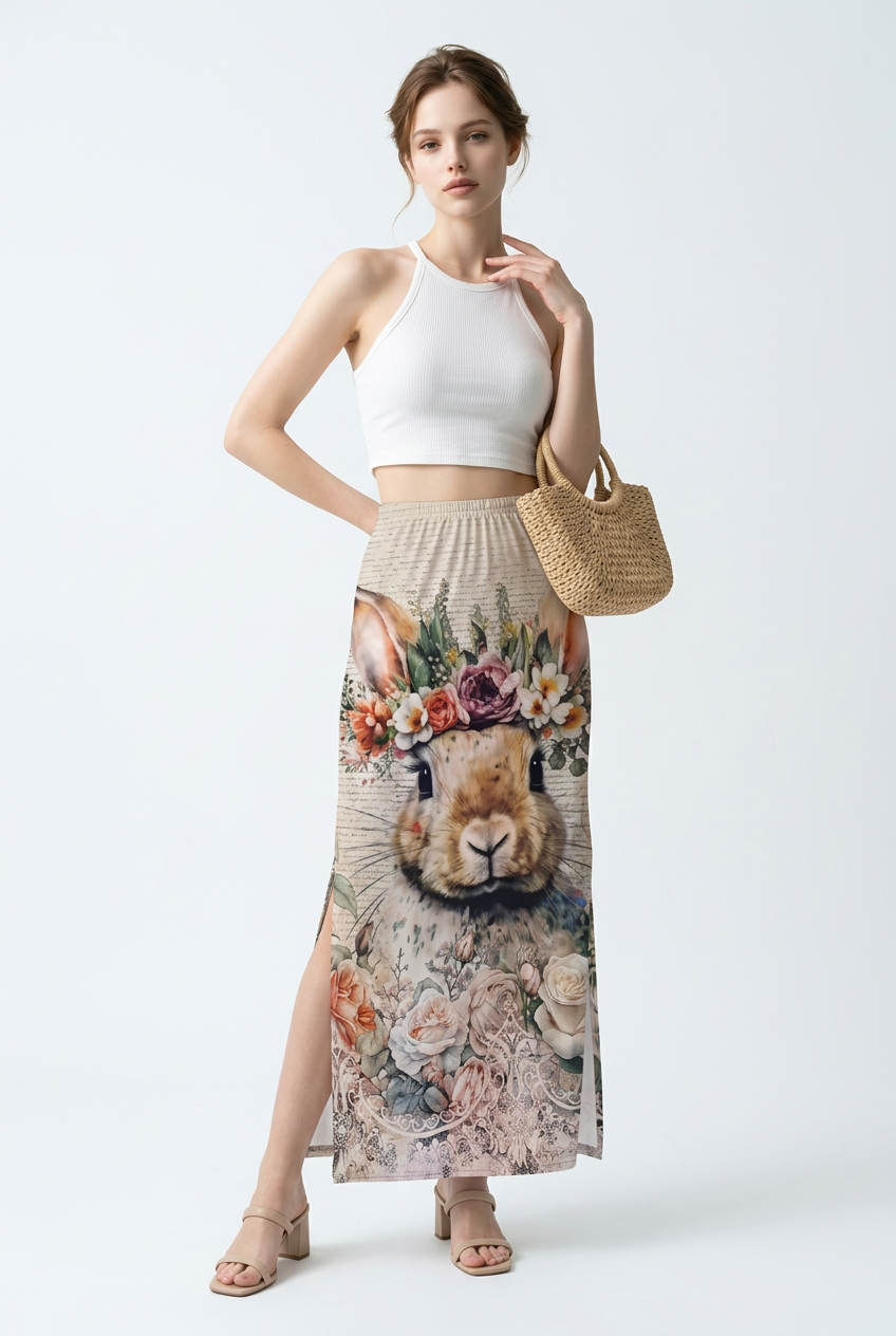 Vibrant Graphic Maxi Skirt Floral Rabbit