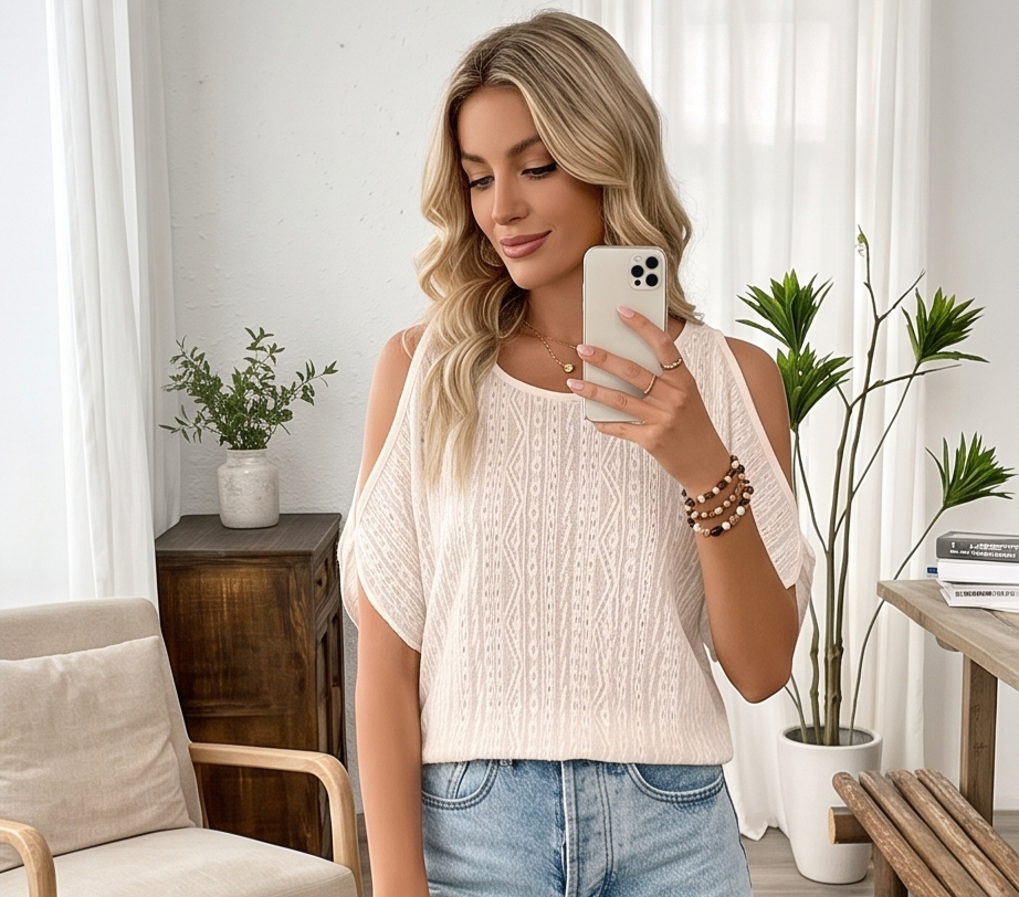 Eyelet Cold Shoulder Round Neck Blouse - BEIGE