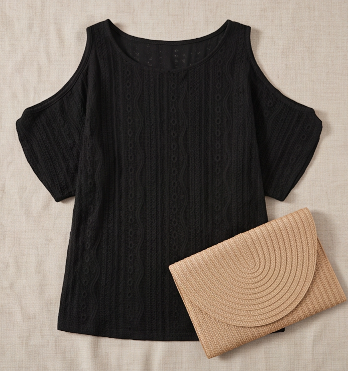 Eyelet Cold Shoulder Round Neck Blouse - BLACK - Image 3
