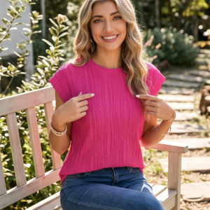 Wavy Plissé Textured Top - Pink
