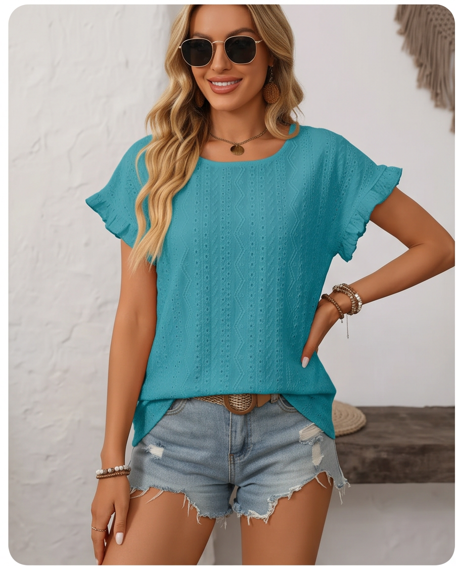 Black flutter-sleeve Blouse Turquoise