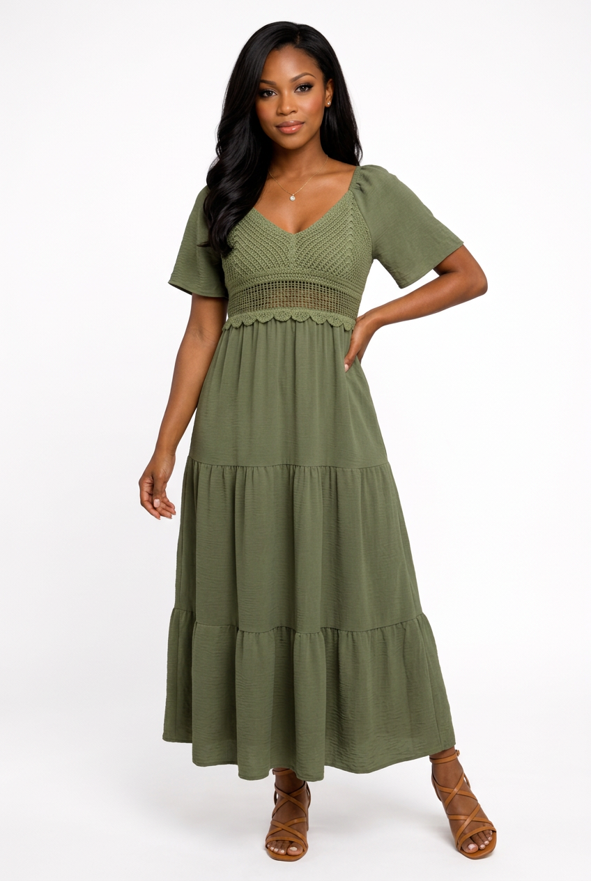 Bohemian-style tiered A-line maxi dress - Green