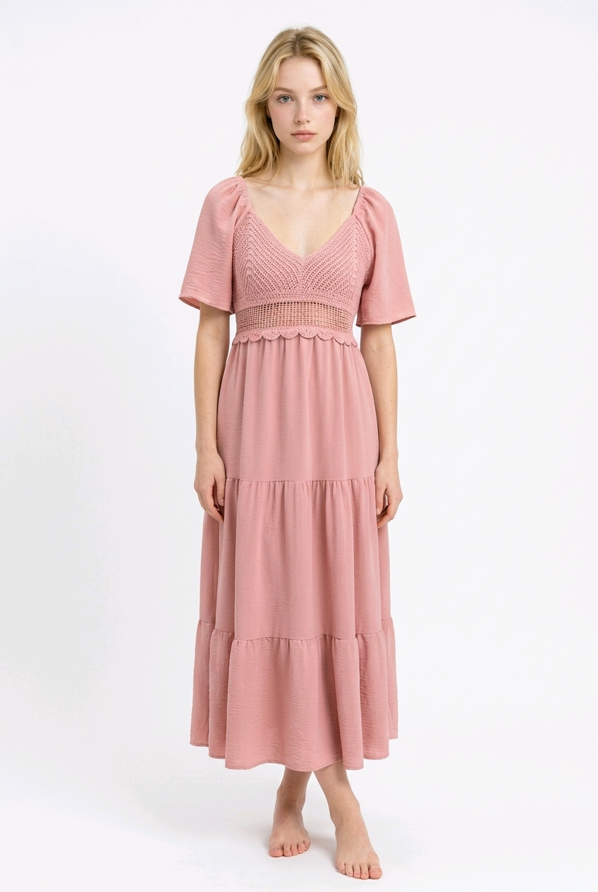 Bohemian-style tiered A-line maxi dress - Pink