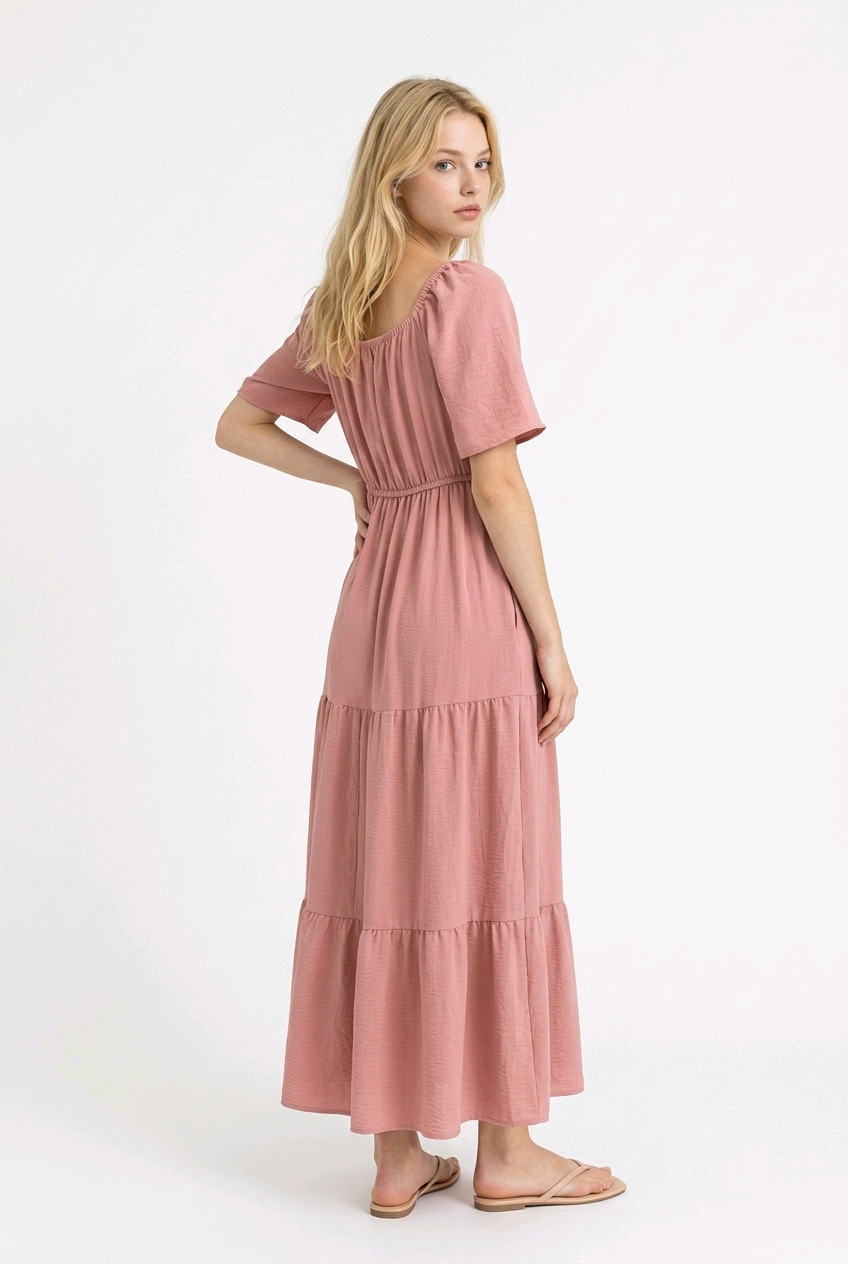 Bohemian-style tiered A-line maxi dress - Pink - Image 4