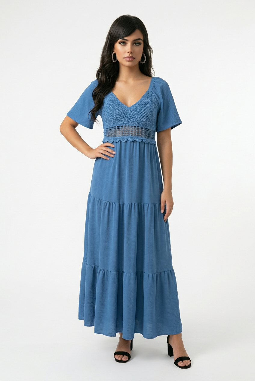Bohemian-style tiered A-line maxi dress - Blue