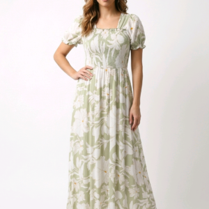 Boho Floral Smocked Maxi Dress - Green