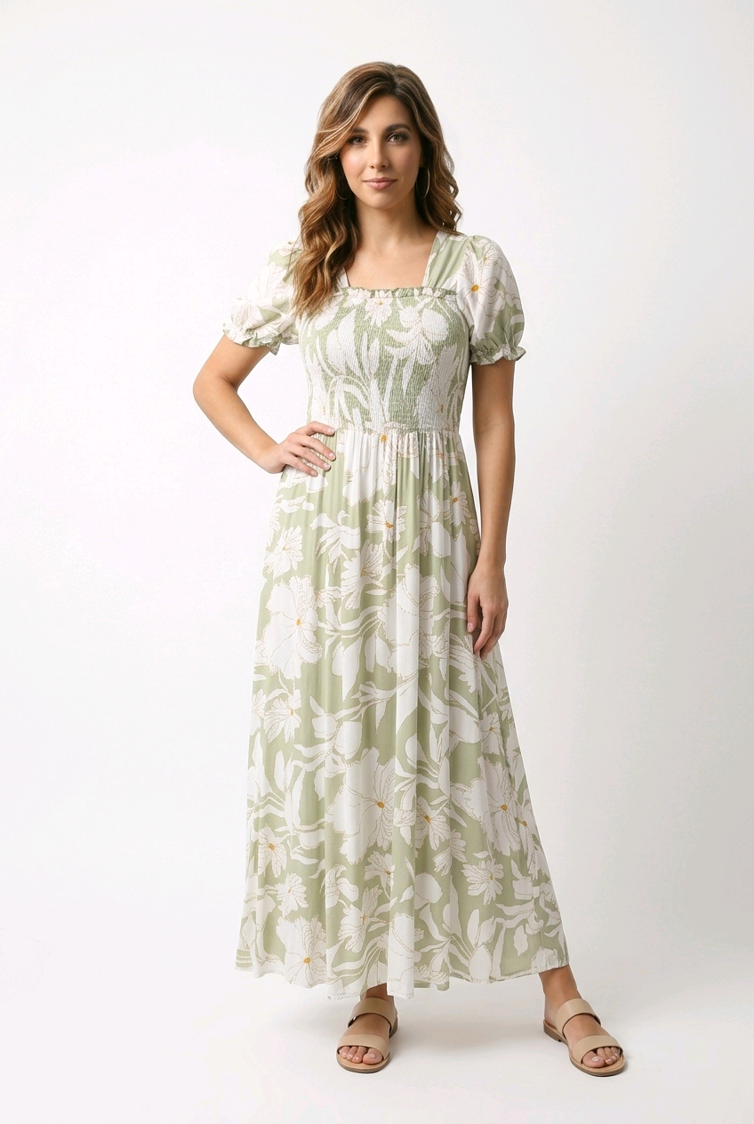 Boho Floral Smocked Maxi Dress - Green