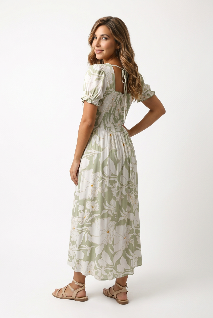 Boho Floral Smocked Maxi Dress - Green - Image 4