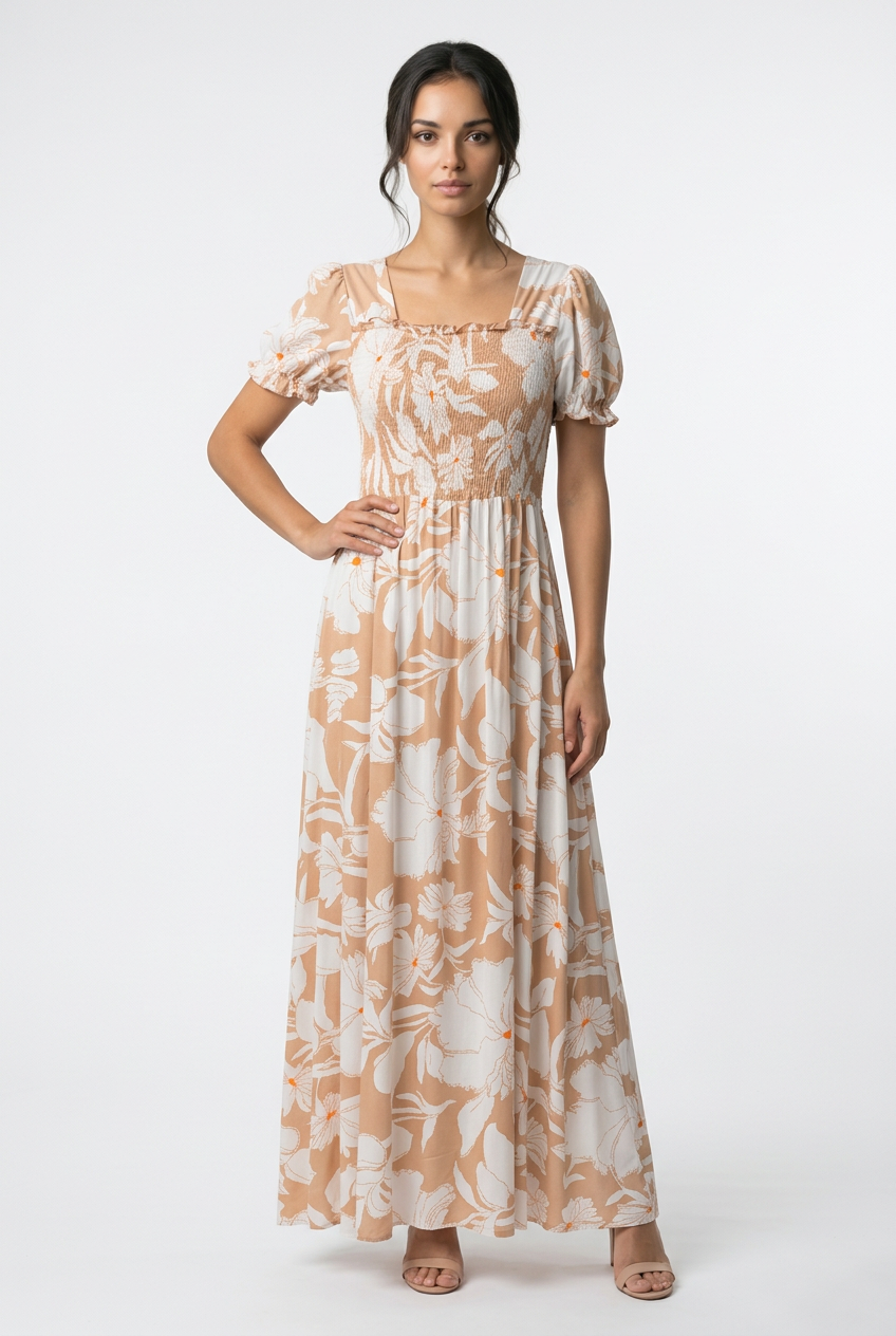 Boho Floral Smocked Maxi Dress - Beige