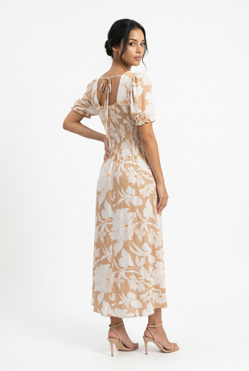 Boho Floral Smocked Maxi Dress - Beige - Image 3