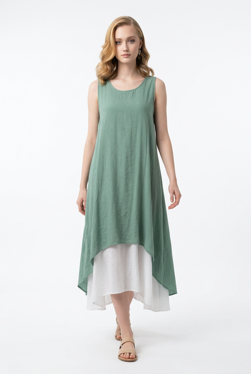 Sleeveless, Double-layered Dress - Green