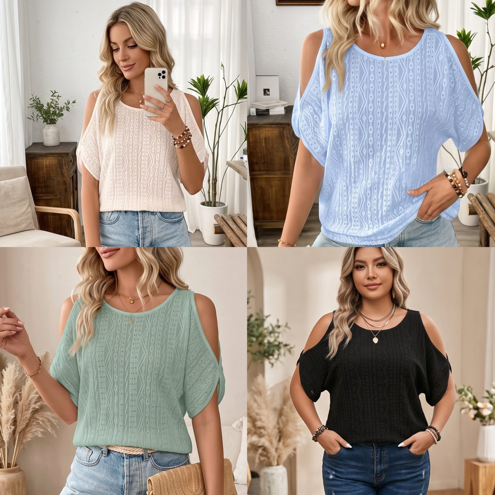 Eyelet Cold Shoulder Round Neck Blouse - BEIGE - Image 2