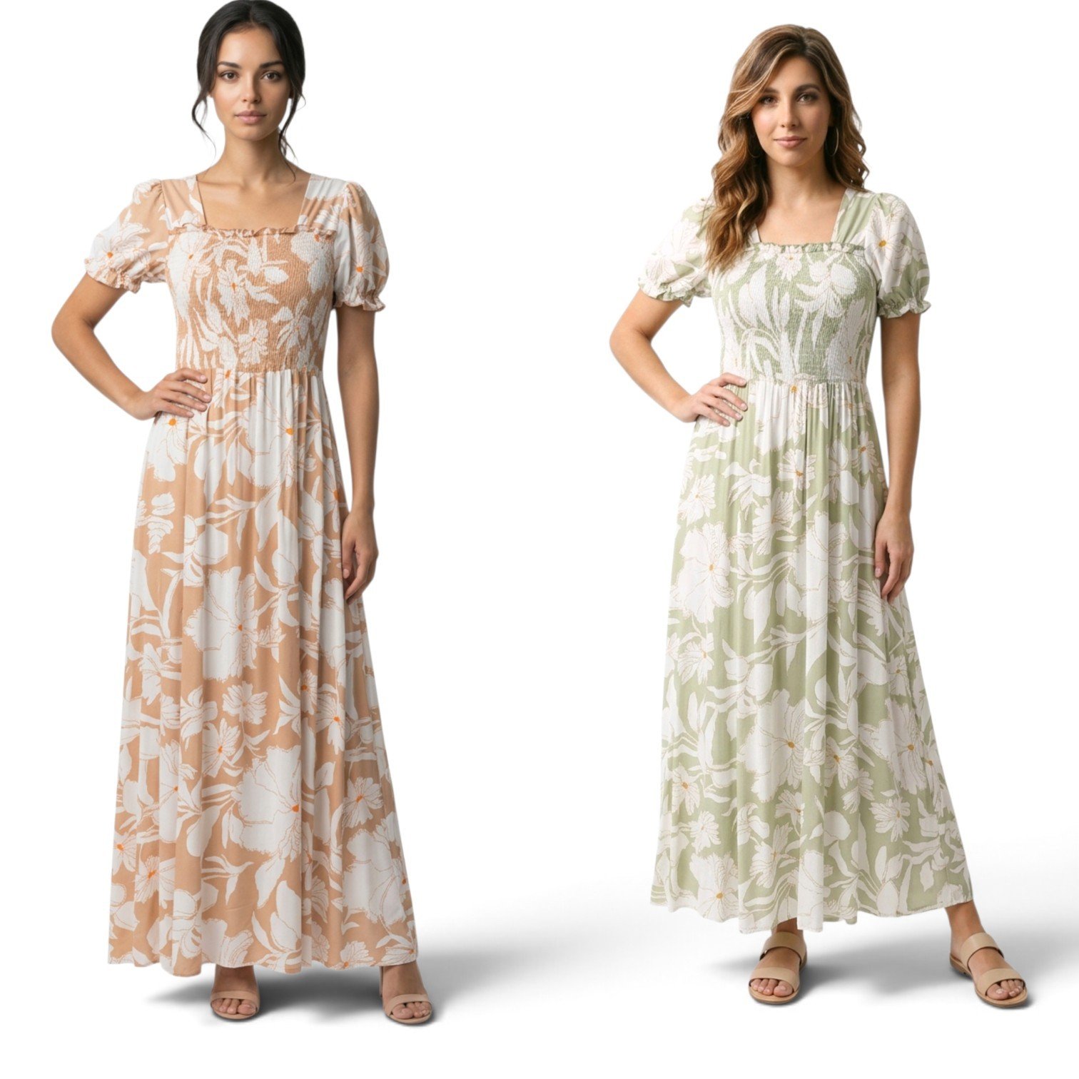 Boho Floral Smocked Maxi Dress - Beige - Image 2
