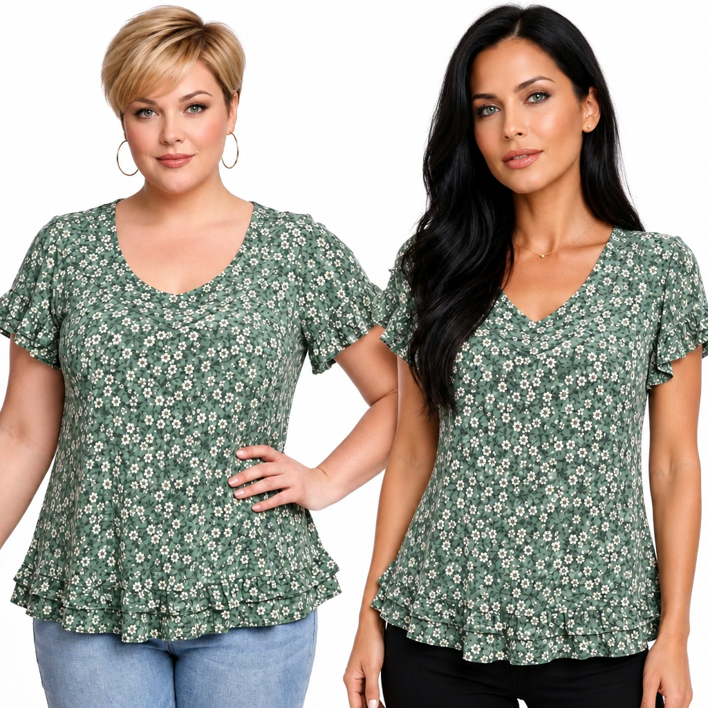 V-neck Peplum Top / Blouse - Green